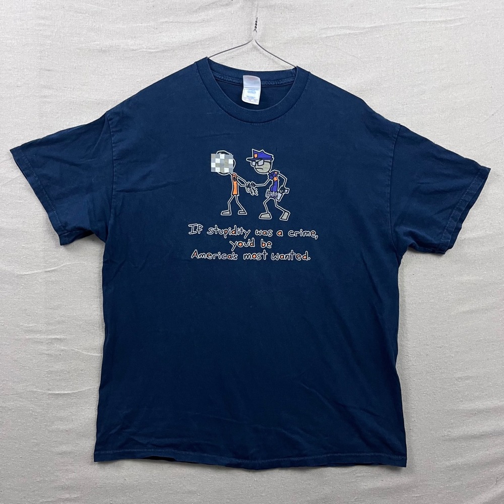 Y2K Stupidity Crime Funny Humor Shirt Graphic Tee Mens XL Navy Blue
